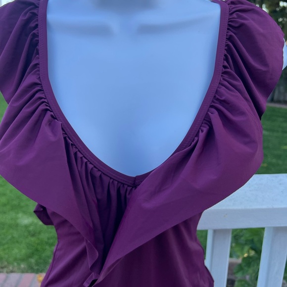 Burgundy Asymmetrical Ruffled Bodysuit Swimwear Women’s size Small - Picture 5 of 14